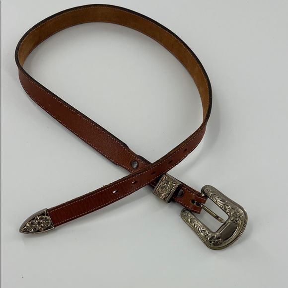 Vintage Accessories - Vintage Brown Leather‎ Belt with Brass Buckle ornate western cowgirl